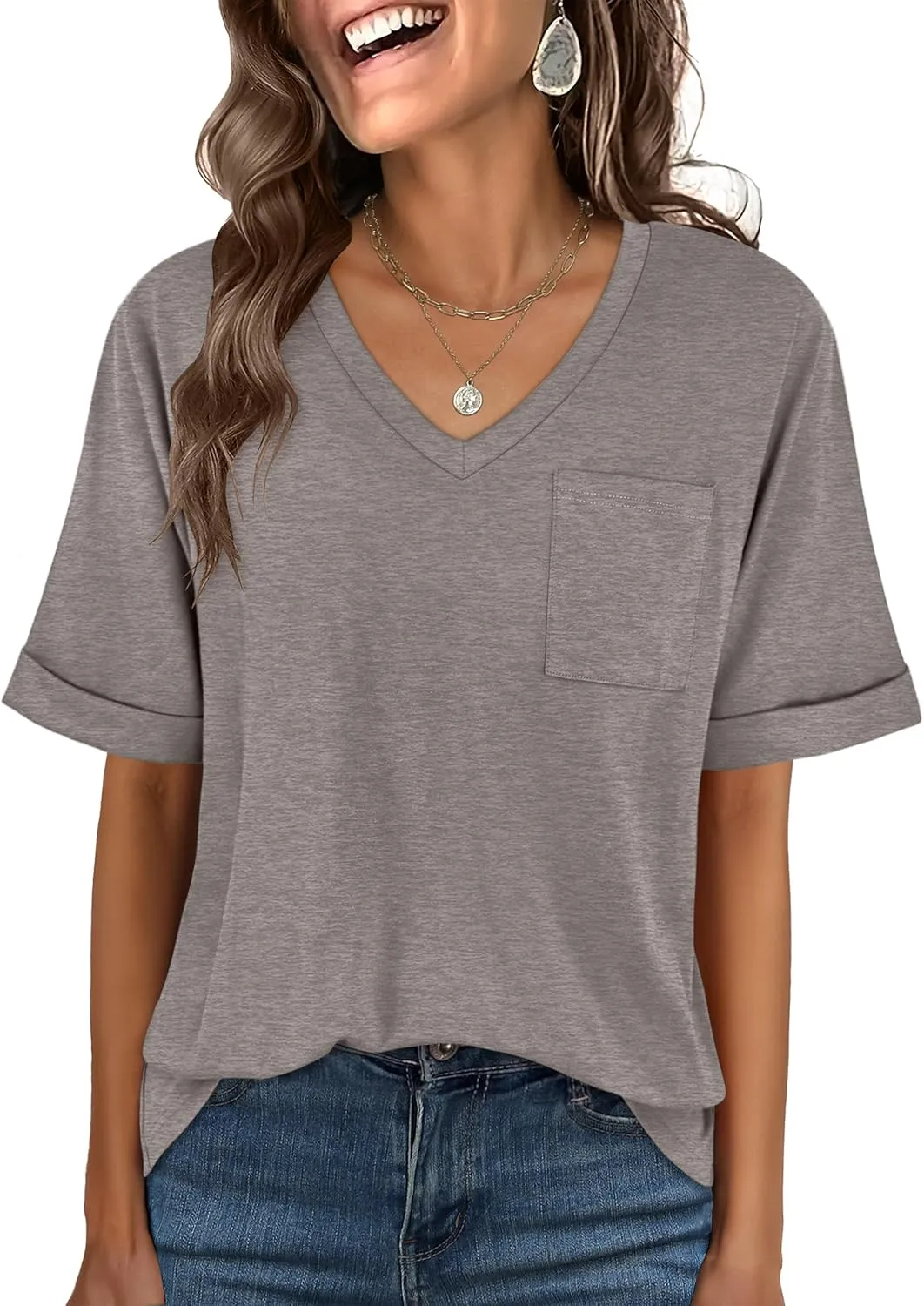 ANRABESS Women T Shirts Oversized Short Sleeve V Neck 2025 Summer Casual Loose Tops Basic Tee Shirts Outfits with Pocket