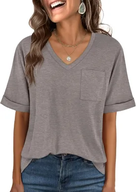 ANRABESS Women T Shirts Oversized Short Sleeve V Neck 2025 Summer Casual Loose Tops Basic Tee Shirts Outfits with Pocket