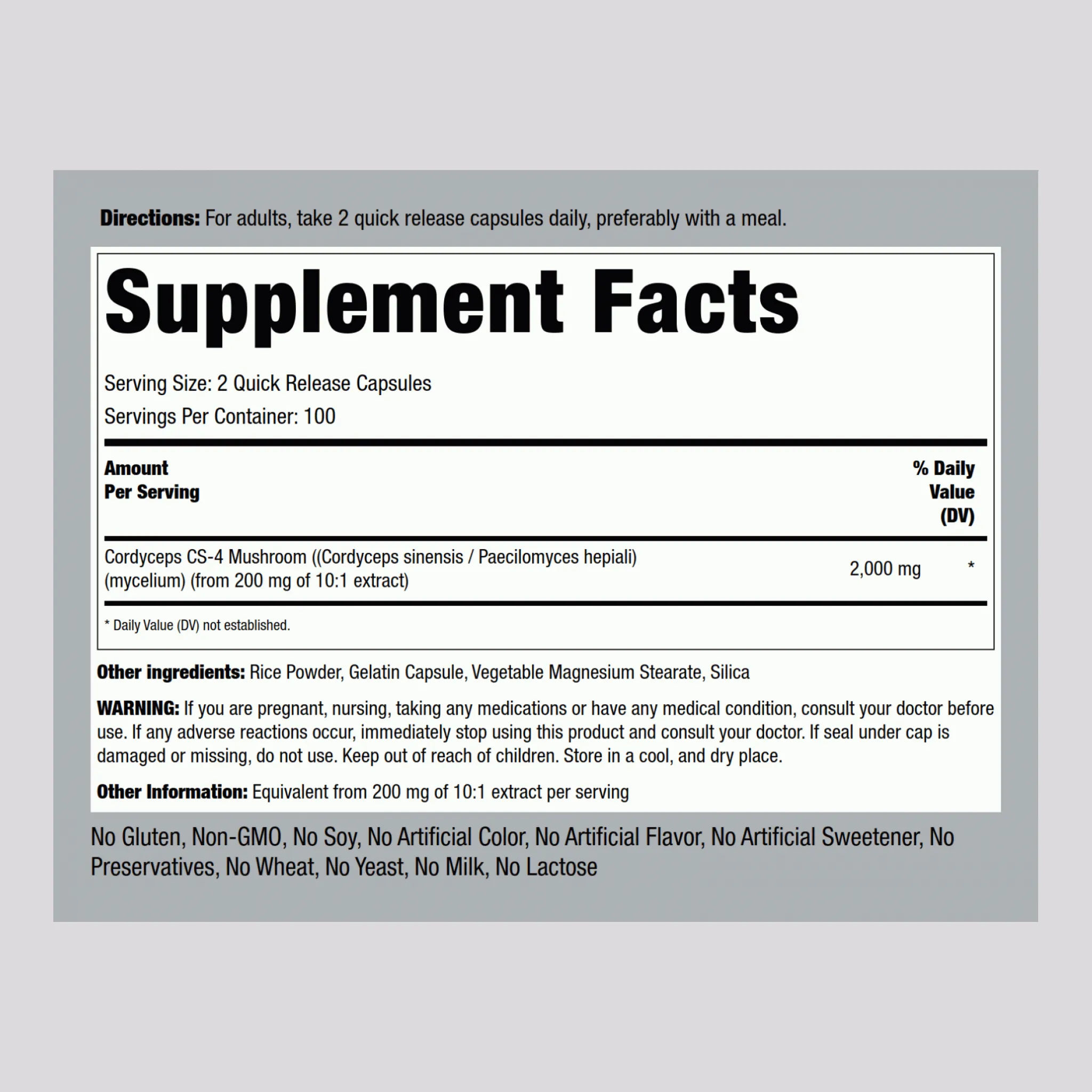 Cordyceps Mushroom, 2000 mg (per serving), 200 Quick Release Capsules