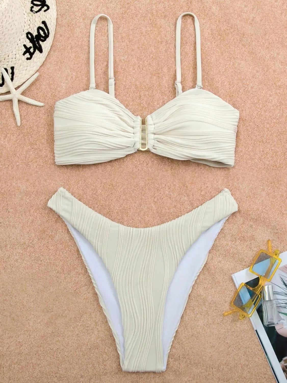 Fanuerg Women's Ribbed Bikini Sets U Wire Adjustable Spaghetti Straps Swimsuit Textured Ruched Two Piece Bathing Suit