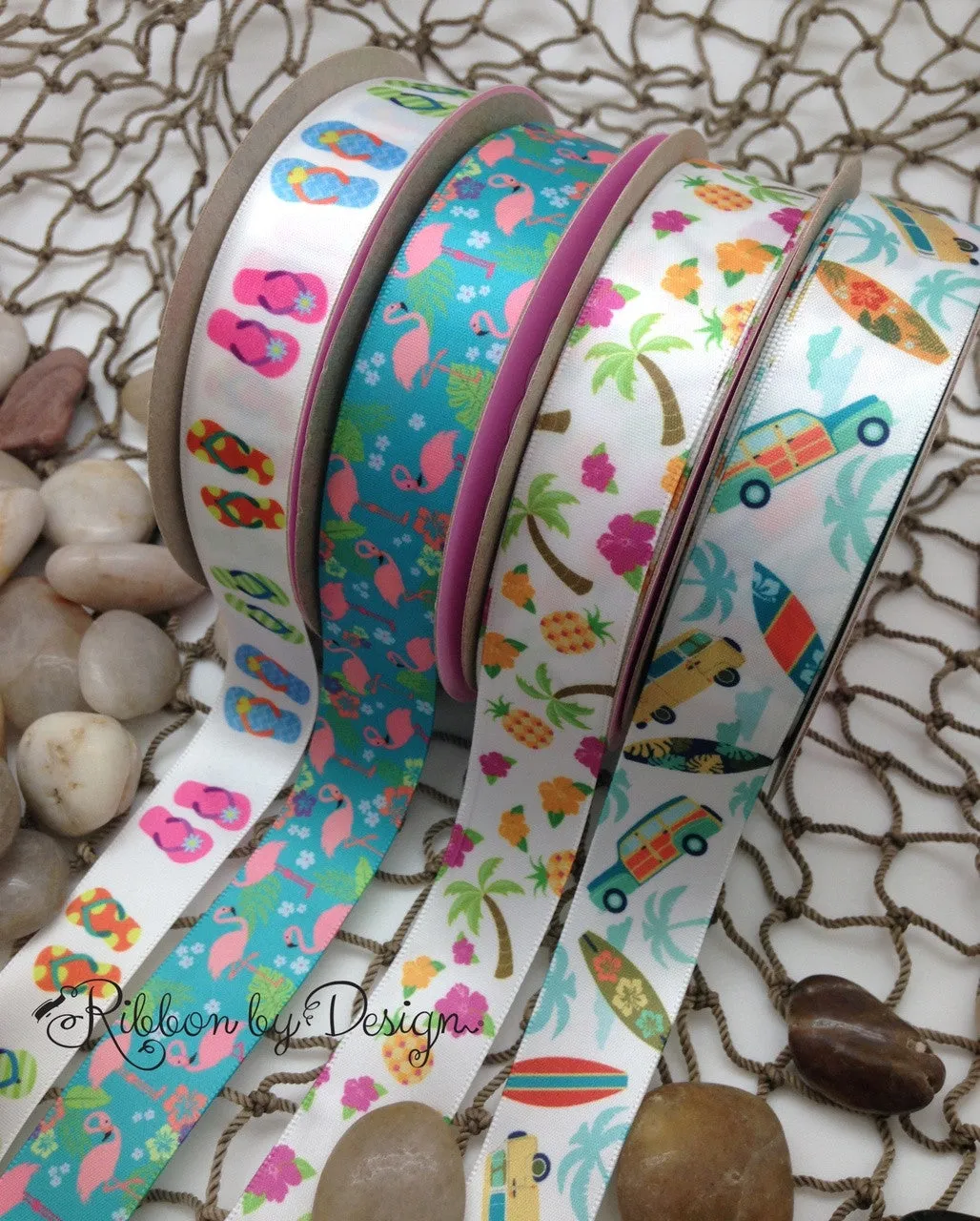 Flip Flops Ribbon on White 7/8" Single Face Satin Ribbon