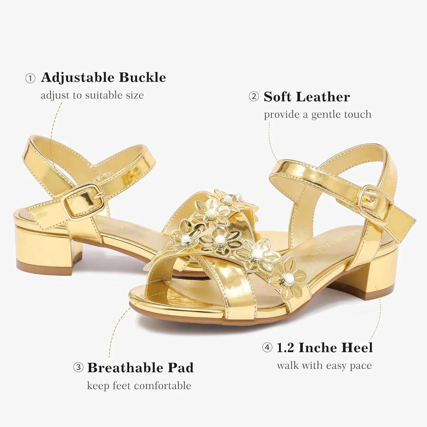 Girls Sandals Kids Heels Open Toe Ankle Strap Dress Shoes Flower Wedding Party for Toddler Little Big Kid