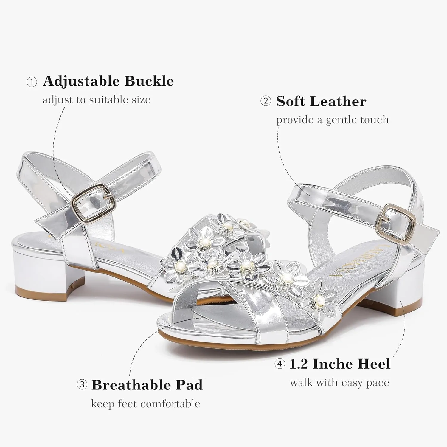 Girls Sandals Kids Heels Open Toe Ankle Strap Dress Shoes Flower Wedding Party for Toddler Little Big Kid