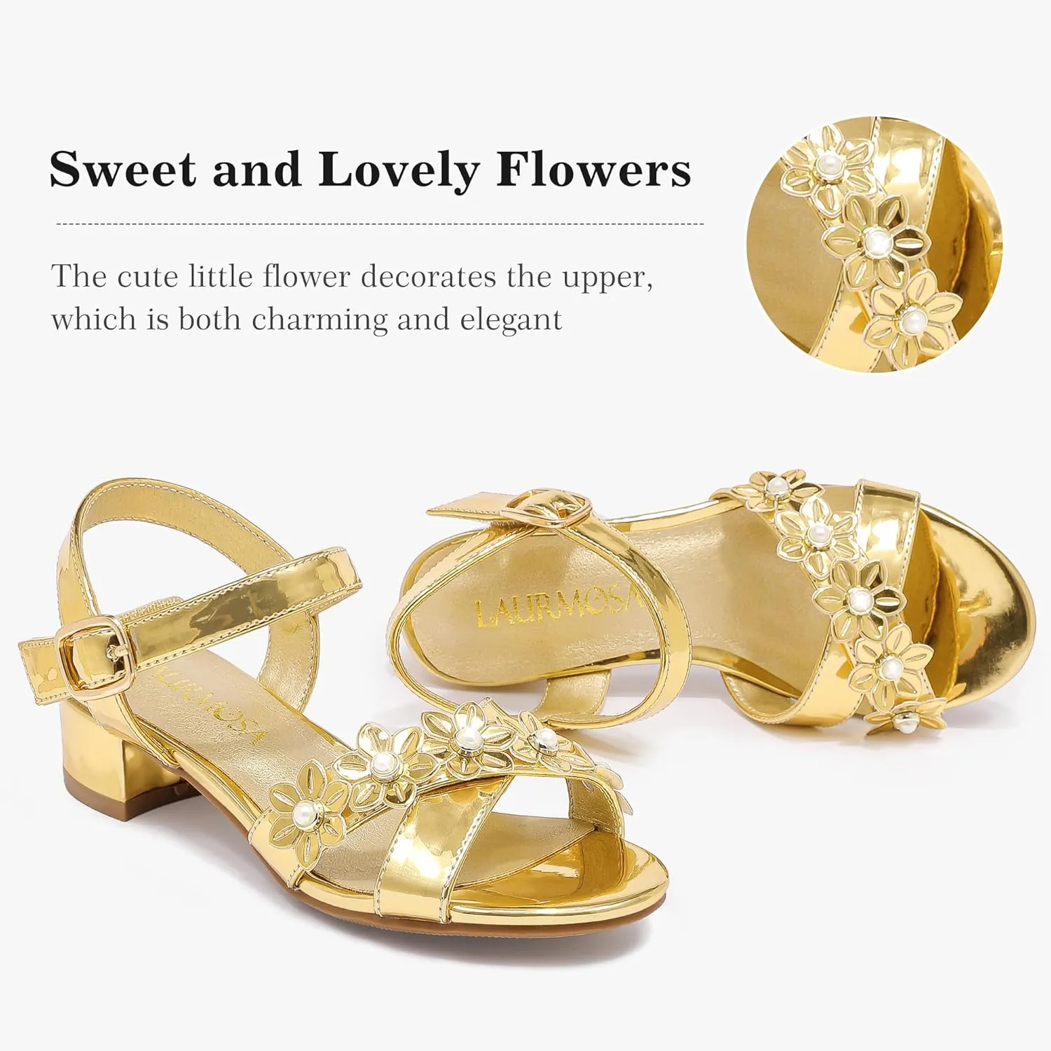 Girls Sandals Kids Heels Open Toe Ankle Strap Dress Shoes Flower Wedding Party for Toddler Little Big Kid