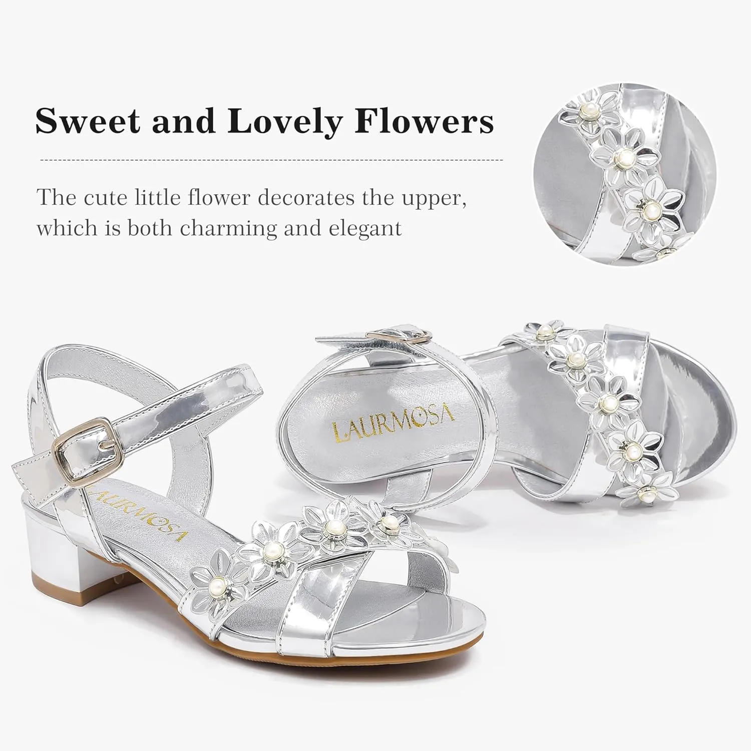 Girls Sandals Kids Heels Open Toe Ankle Strap Dress Shoes Flower Wedding Party for Toddler Little Big Kid