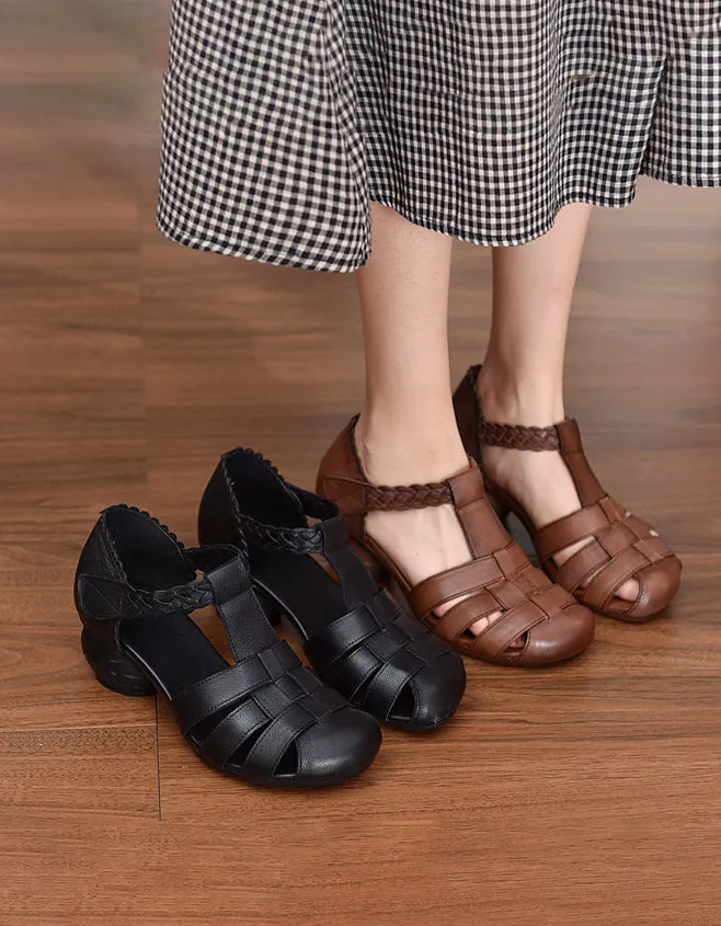 Leather Woven Close Toe Chunky Heel Sandals