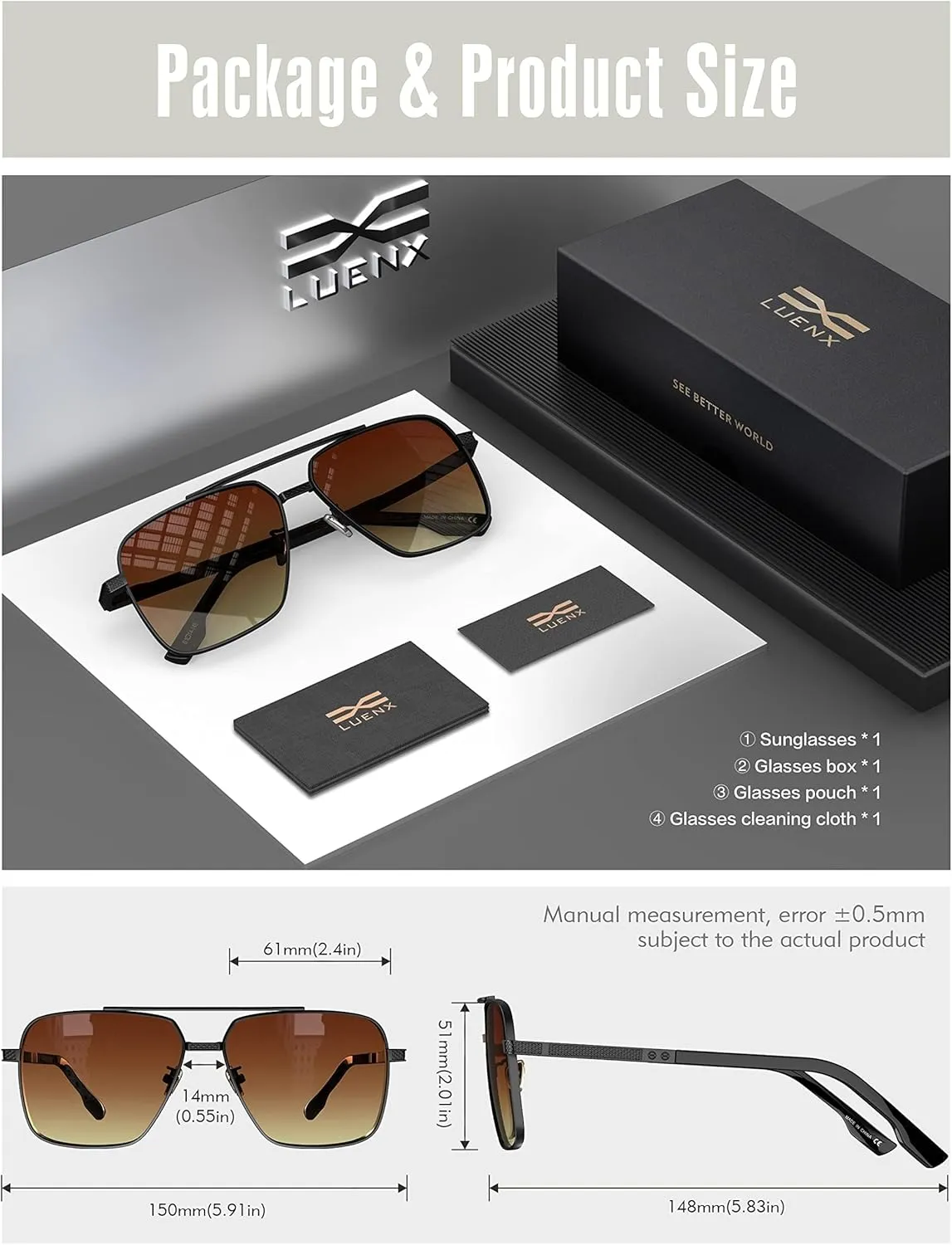 LUENX Polarized Square Aviator Sunglasses for Men,Trendy Retro Oversized Rectangular Frame UV400 Protection