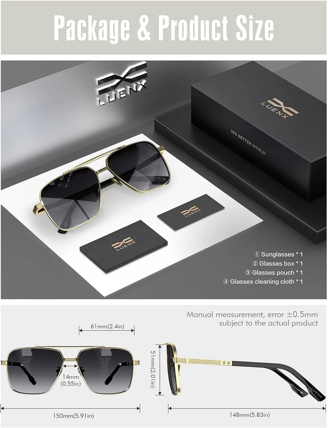 LUENX Polarized Square Aviator Sunglasses for Men,Trendy Retro Oversized Rectangular Frame UV400 Protection