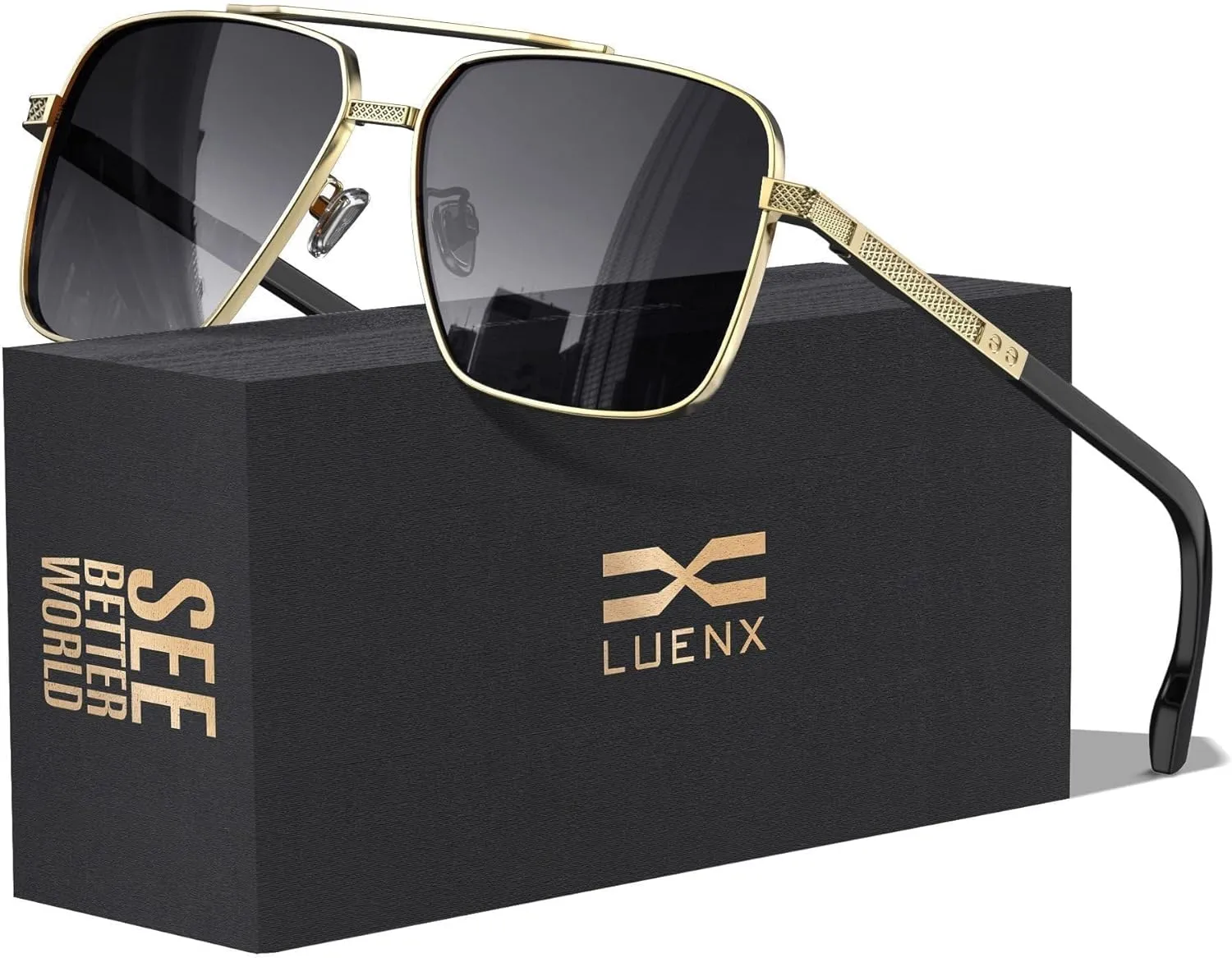 LUENX Polarized Square Aviator Sunglasses for Men,Trendy Retro Oversized Rectangular Frame UV400 Protection