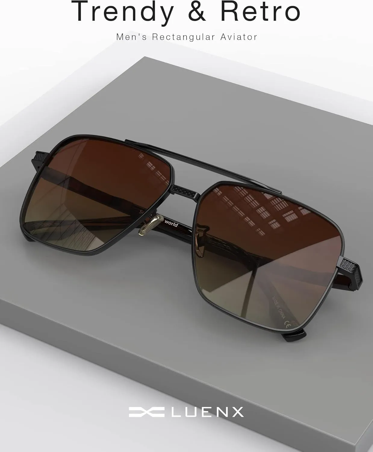 LUENX Polarized Square Aviator Sunglasses for Men,Trendy Retro Oversized Rectangular Frame UV400 Protection