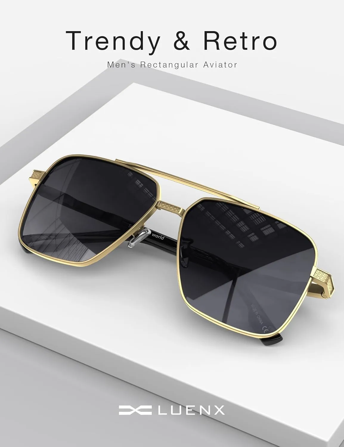 LUENX Polarized Square Aviator Sunglasses for Men,Trendy Retro Oversized Rectangular Frame UV400 Protection