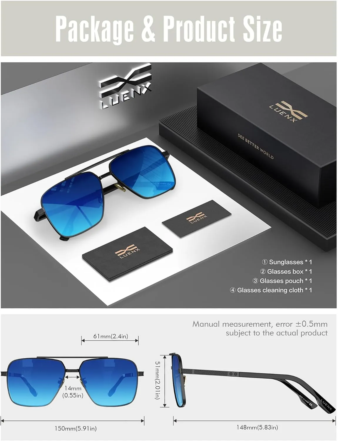 LUENX Polarized Square Aviator Sunglasses for Men,Trendy Retro Oversized Rectangular Frame UV400 Protection