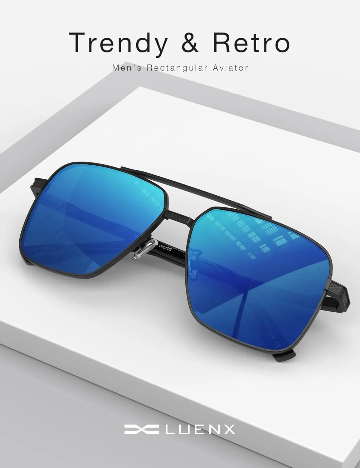 LUENX Polarized Square Aviator Sunglasses for Men,Trendy Retro Oversized Rectangular Frame UV400 Protection