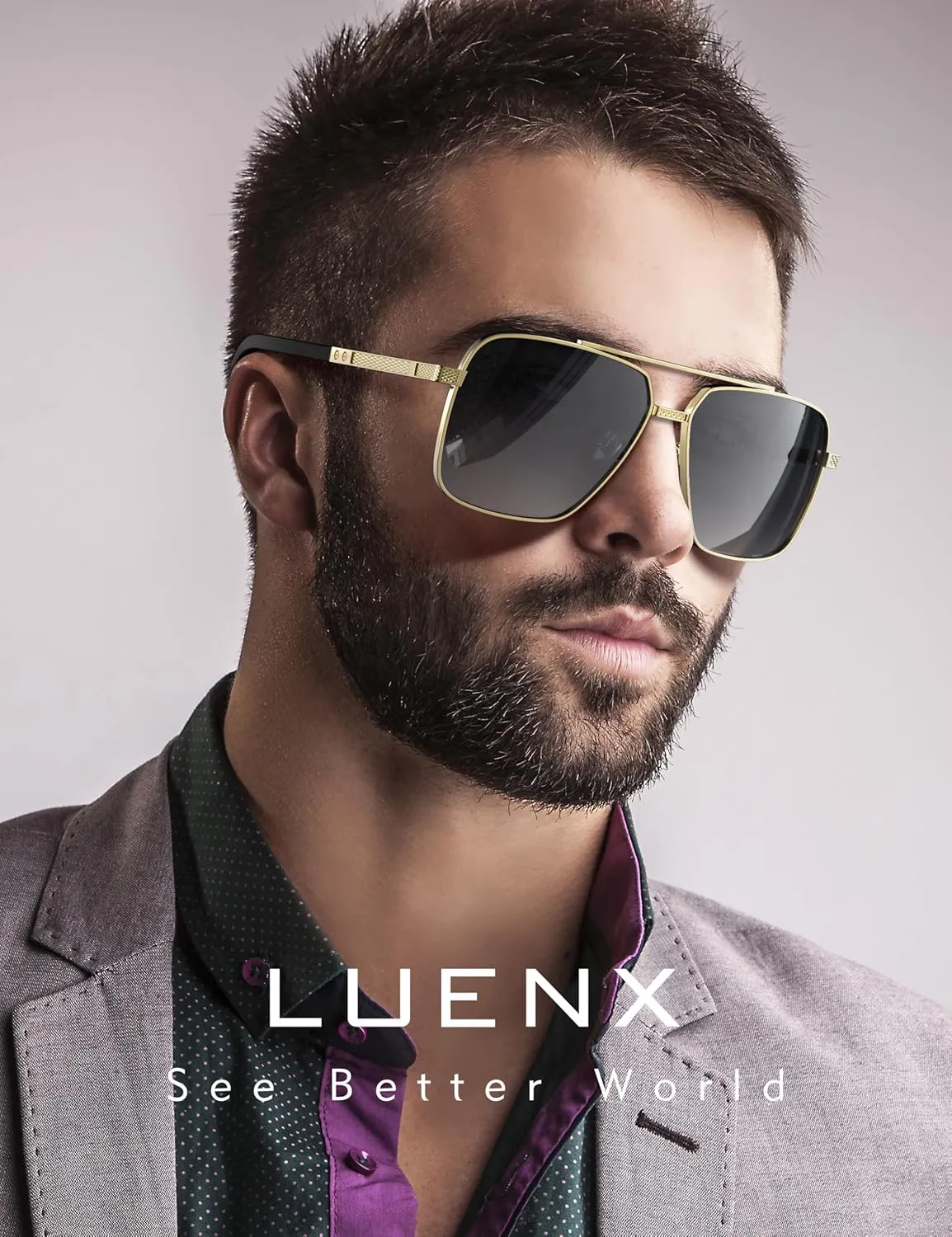 LUENX Polarized Square Aviator Sunglasses for Men,Trendy Retro Oversized Rectangular Frame UV400 Protection