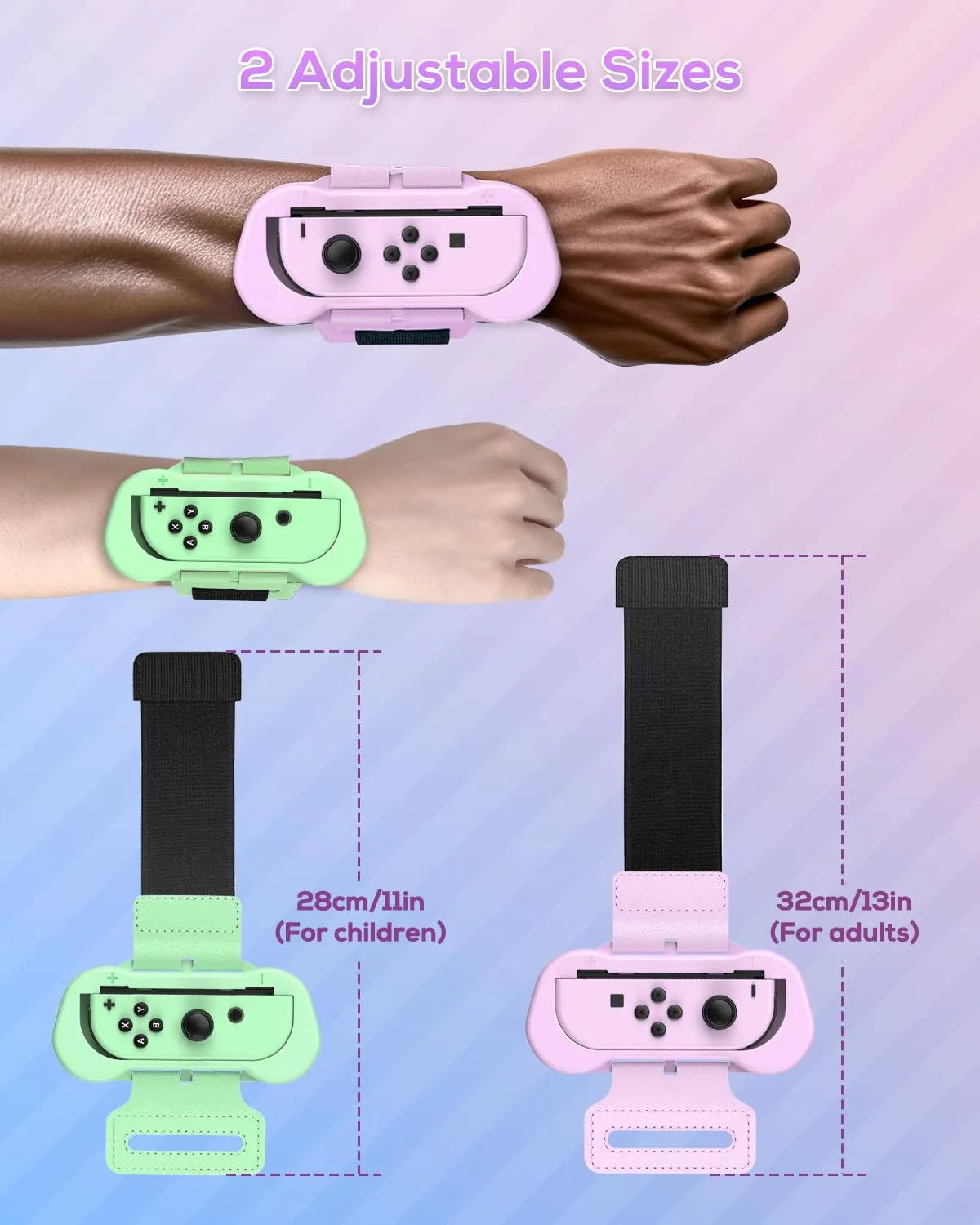 MENEEA Wrist Strap Compatible with Just Dance 2025 2024 2023/for Zumba Burn It Up,Adjustable Wrist Bands for Nintendo Switch & OLED Model for Joy-Cons,Two Size for Adults & Children, 2 Pack Pink/Green