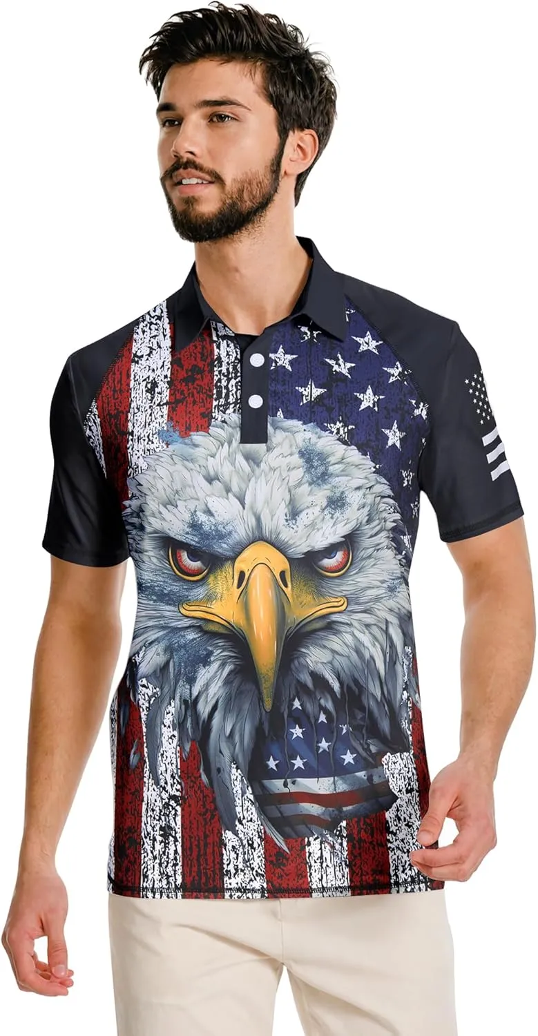 RAISEVERN Mens American Flag Print Golf Polo Shirt Patriotic Raglan Sleeve Tees