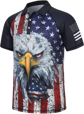 RAISEVERN Mens American Flag Print Golf Polo Shirt Patriotic Raglan Sleeve Tees