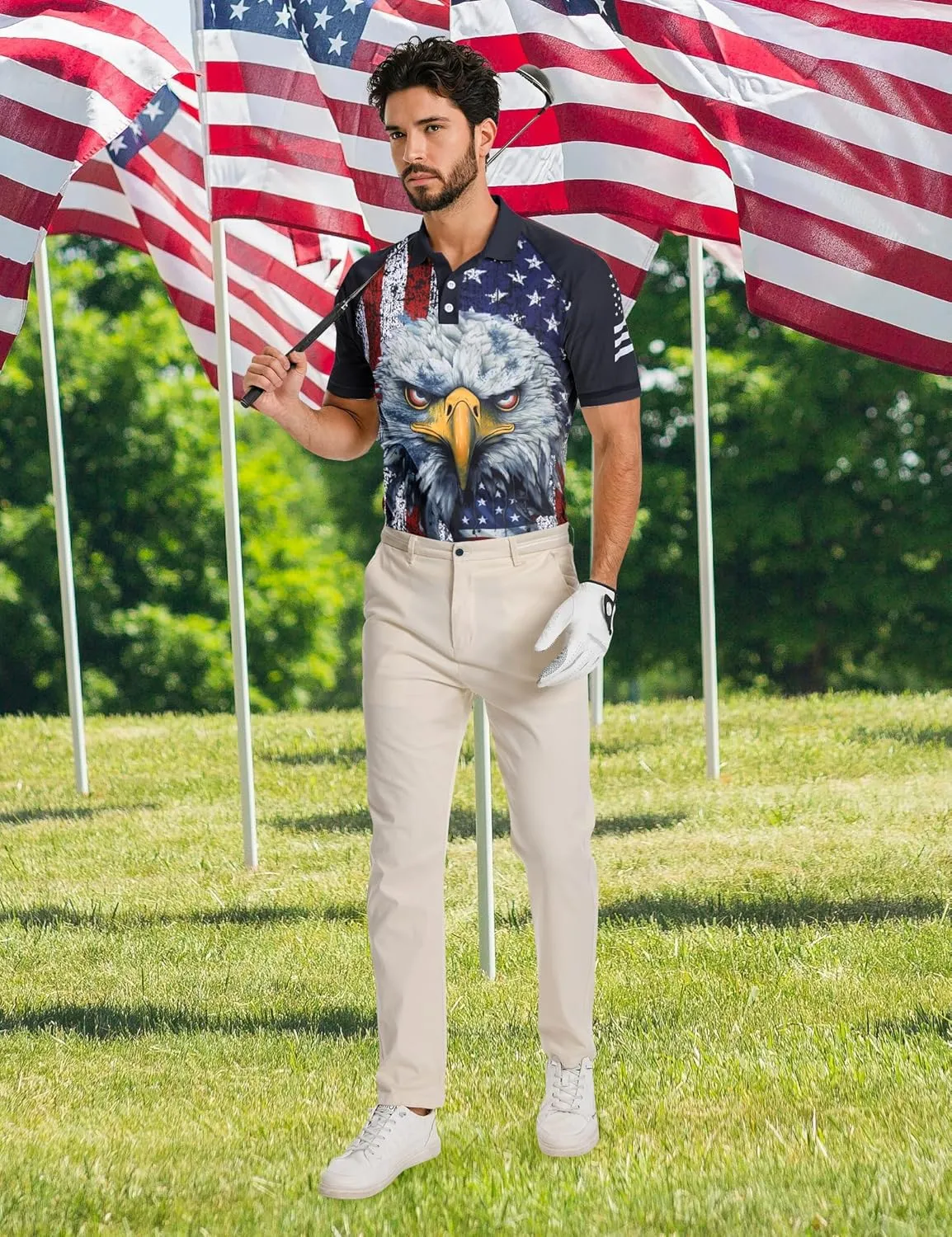 RAISEVERN Mens American Flag Print Golf Polo Shirt Patriotic Raglan Sleeve Tees