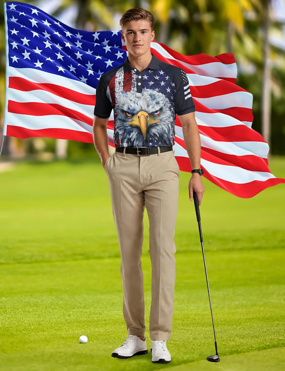 RAISEVERN Mens American Flag Print Golf Polo Shirt Patriotic Raglan Sleeve Tees