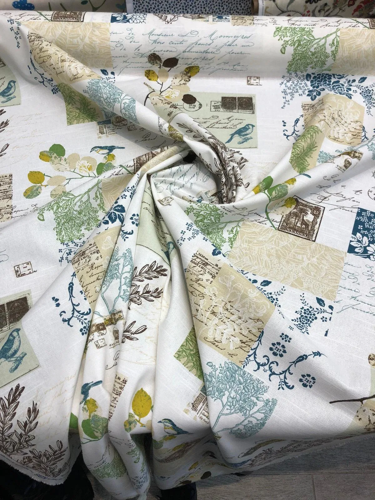 Richloom Brigitte Sky Blue Green  French Script Paris Floral Fabric By the yard