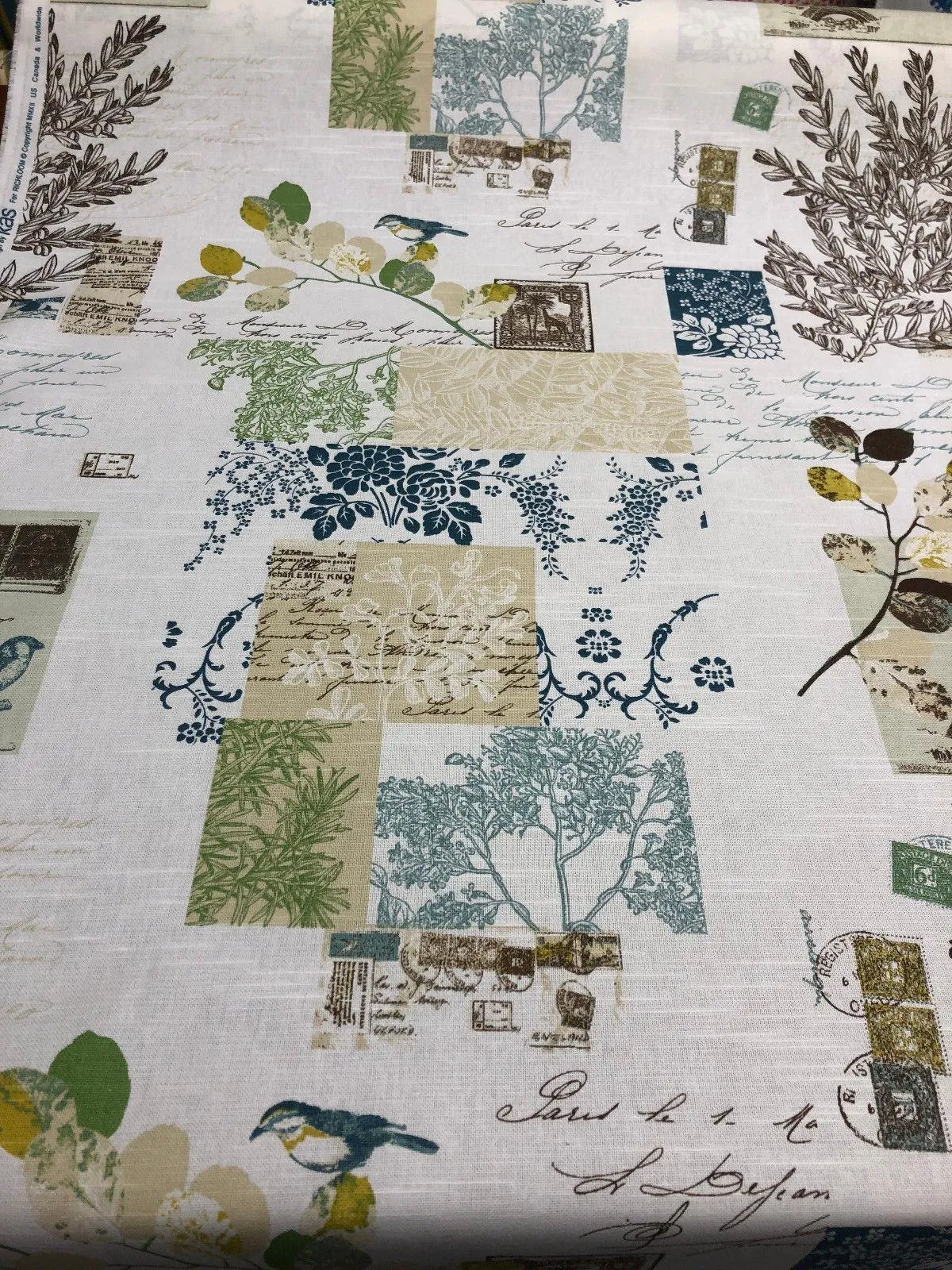 Richloom Brigitte Sky Blue Green  French Script Paris Floral Fabric By the yard