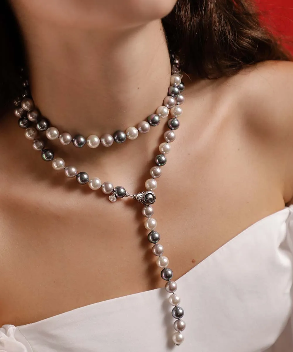 Sterling Silver Rhodium Plated Necklace for Women with Adjustable Clasp and Organic Pearl, 10mm Round White/Grey/Nuage, 35.4" Length, Jour Collection