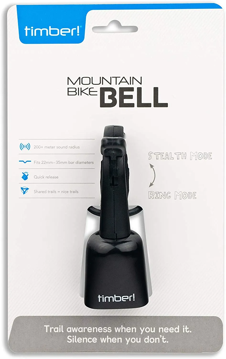 Timber Mountain bike Bell ,Quick release Hands Free - On Off modes - Live 4 bikes